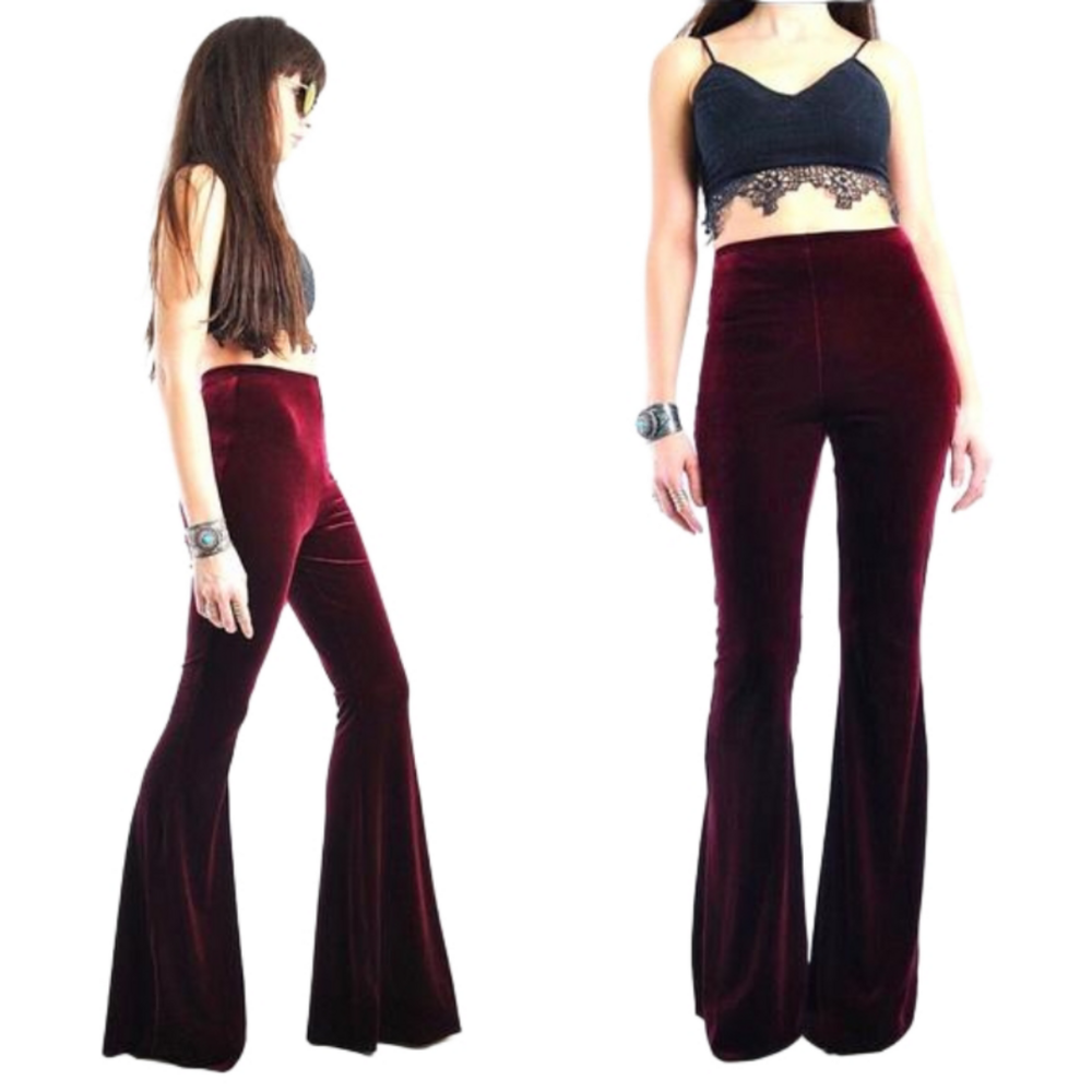 LONG LENGTH High Waisted Velvet Bell Bottom Pants Boho Hippie Sizes XS S M L XL - Picture 2 of 6